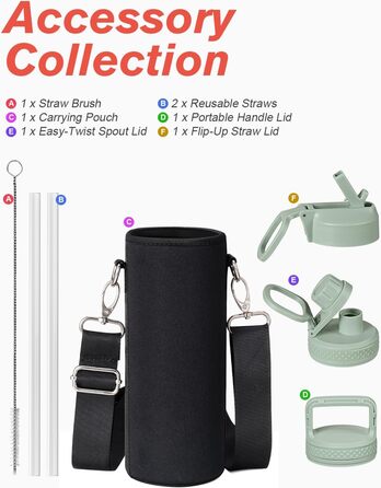 Фляга Coolflask 1,2 л з ізоляцією та трубочкою, нержавіюча сталь, 3 кришки, для спорту та офісу, зберігає холод до 48 годин, тепло до 24 годин, сіро-зелений колір
