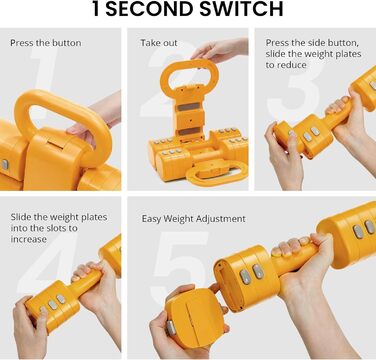 Набір 2-в-1: Регульовані гантелі та м'ячики-гантелі для фітнесу вдома, 4 ступені ваги (1-2.5 кг), для жінок, з антиковзним кріпленням. Жовтий колір.