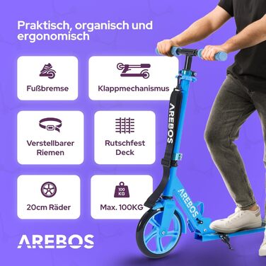 Самокат Arebos міський, складаний, з регульованим кермом, XXL колеса, до 100 кг, для дітей і дорослих, ремінь для перенесення