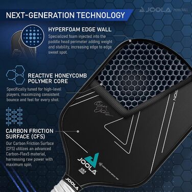 Паддл для піклболу JOOLA Ben Johns Hyperion – карбонова поверхня з високим обертом, подовжений захват, сертифікований USAPA, з чохлом