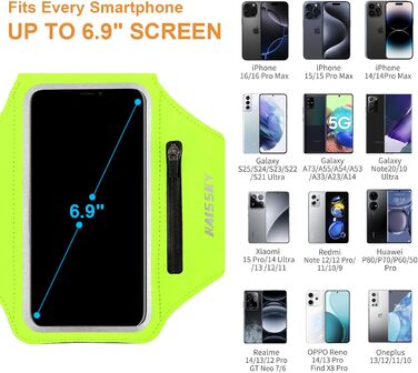 Спортивний браслет Haissky з кишенькою для навушників - рукав для телефону для iPhone 16 Pro Max/15 Pro/14/13 Pro/12 Plus, Huawei P70 Pro/P60 Pro/Mate 60, Xiaomi, Galaxy (до 6.9 дюймів) - сірий/зелений