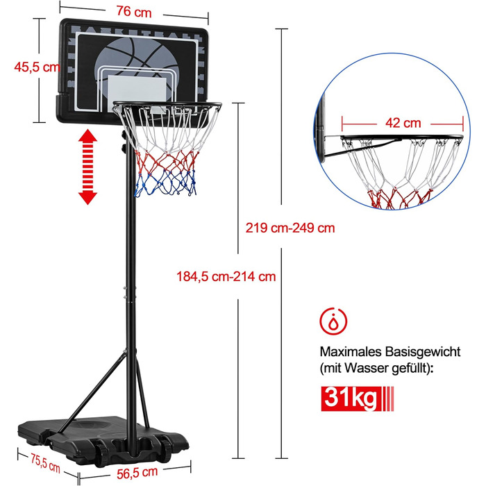 Баскетбольне кільце Yaheetech з регульованою висотою на стійці з колесами для вулиці та приміщення (76,5x56,5x249 см)