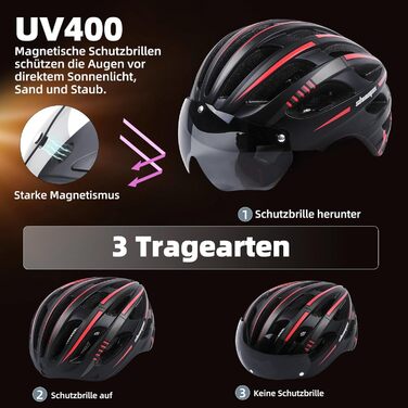 Велошолом KINGLEAD для жінок і чоловіків, MTB, з магнітними окулярами, USB-ліхтарем, регульований, зі світловідбивачами, 57-62 см, червоний