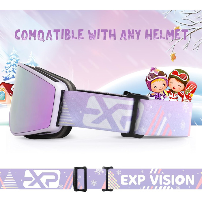 EXP VISION Лижна маска з антифогом, набір для батьків і дітей, 100% UV захист, OTG сноуборд-окуляри для чоловіків, жінок, підлітків і дітей, бузкова