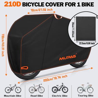 Водонепроникний чохол для велосипеда 210D Oxford, 200 x 110 x 70 cm, чорний. Захист від дощу, пилу та сонця. З отвором для замка та сумкою.
