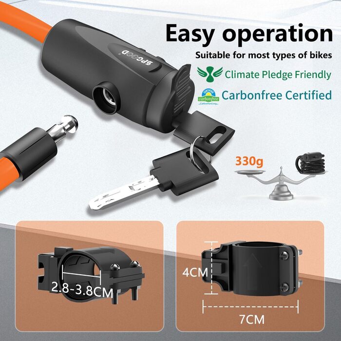 Надійне велосипедне замкове тросик 120 см, 12 мм, посилений, з 2 ключами, для велосипеда, триколісного велосипеда, мотоцикла, скутера (Помаранчевий)