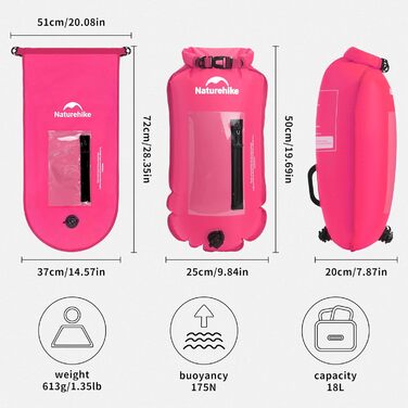 Надувна плавуча шина Naturehike 18L з двома повітряними камерами. Сумка-гідрочохол, водонепроникна пляжна сумка з регульованим поясом для плавання та відпочинку на узбережжі (Рожева/18л/Оновлена)