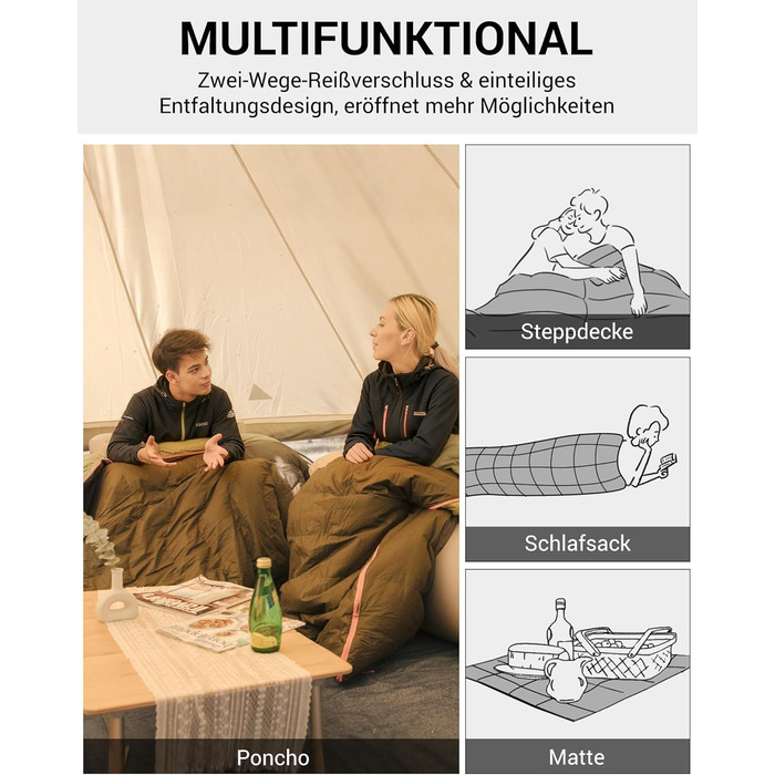 Сплячий мішок KingCamp для дорослих, 3 в 1, XXL, бавовна, фланель, теплий, знімний ковдру, Coldmaster (1200г)