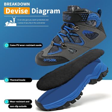 Дитячі зимові черевики ASHION для хлопчиків: середньої висоти, утеплені, для походів та трекінгу, бавовняні, розмір 36 EU, блакитні