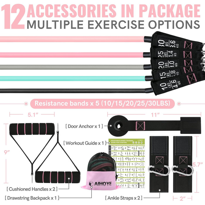 Резинки для фітнесу Aihoye з ручками, еластичні стрічки для тренувань, фітнес-гумки з кріпленням для дверей, для фізіотерапії та силових тренувань (набір макарон 4,5–45,4 кг, 12 шт)