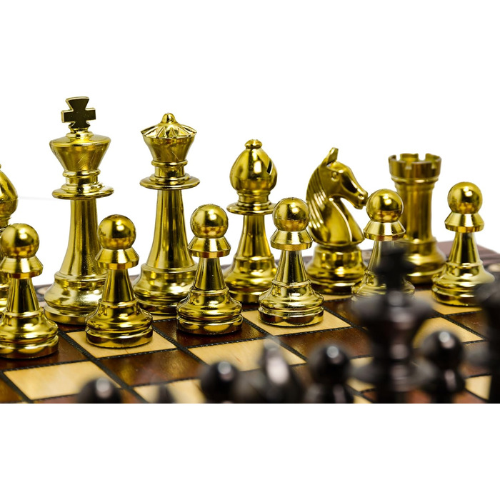 Шаховий набір Staunton 40см, фігури з металізованого пластику, дерев'яна шахівниця, фігури з металевим навантаженням, жовтий колір