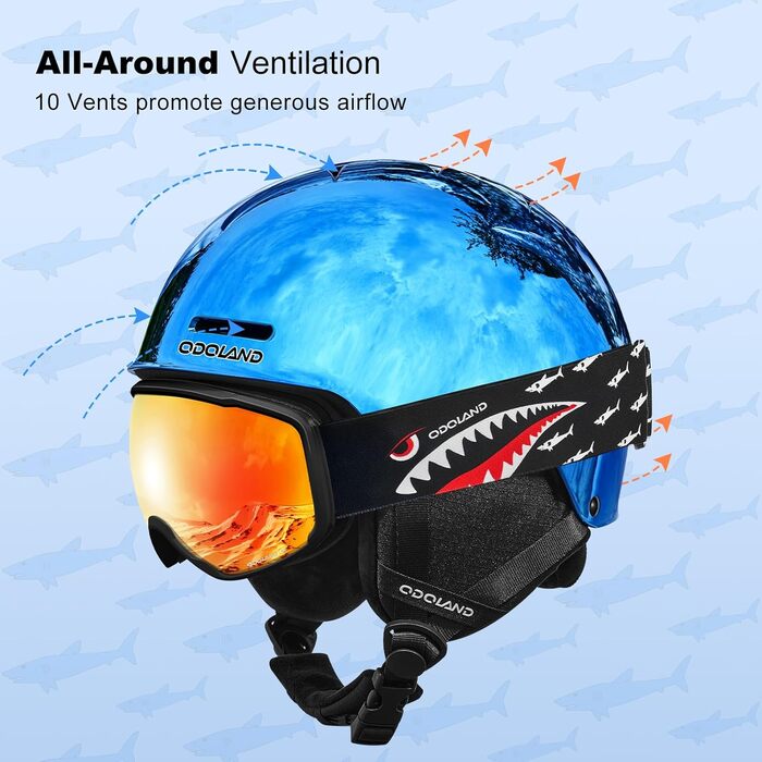 Дитячий гірськолижний шолом та маска Odoland, гірськолижний шолом для хлопчиків та дівчаток, регульований, з міцною PC-оболонкою та EPS-піною, дзеркальне скло (S (54-56 см))