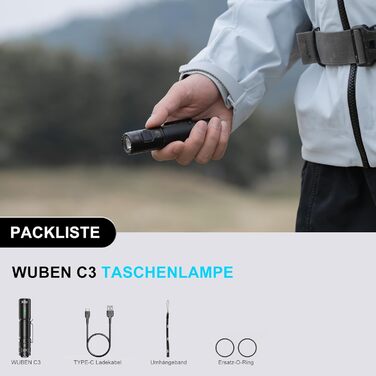 Ліхтарик WUBEN C3 LED: 1200 люмен, USB-C, водонепроникний IP68, 6 режимів, тактичний, для кемпінгу, туризму, невідкладних ситуацій