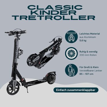 Самокат міський Bergеn City Scooter Classic складаний, 200 мм, дискове та ножне гальмо, амортизація, алюміній, регульована висота, для дітей від 6 років та дорослих до 100 кг (Сірий)