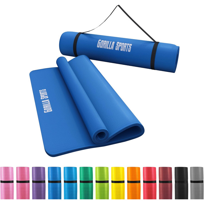Килимок для йоги та фітнесу GORILLA SPORTS 190x100x1,5 см, королівський синій, нековзний, без фталатів, з ременем для перенесення