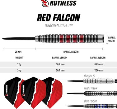 Професійний дартс-набір RUTHLESS Red Falcon з вольфрамовими сталевими наконечниками 22 г і 24 г, з оперенням та стержнями