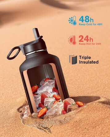 Ізольована пляшка для води Coolflask 2L з трубочкою та 3 кришками, з нержавіючої сталі, для спорту та офісу, подвійне вакуумне покриття, чорна, 2000 мл