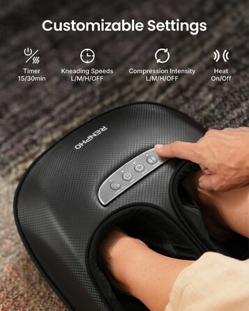 Масажер для ніг RENPHO з підігрівом, 3 режими та рівні компресії повітрям, Shiatsu масаж для всієї стопи при п'ятковому фасціїті, PU-шкіра, подарунок на Різдво для жінок та чоловіків, розмір до 47, чорний