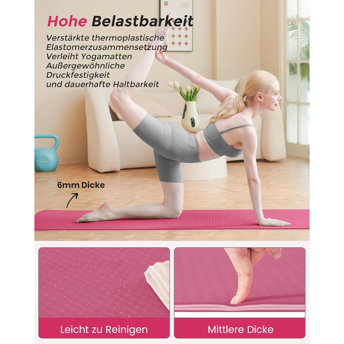 Йога-килимок Narwhal протиковзкий з TPE для фітнесу, пілатесу та тренувань, з ременем для перенесення, 183 x 61 x 0.6 см, колір слива-рожевий