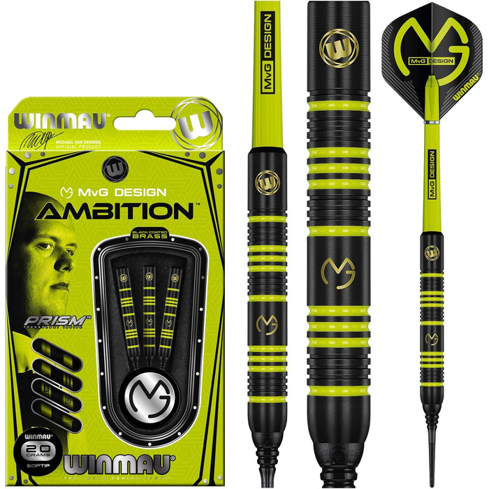 Дарти WINMAU Michael Van Gerwen MvG Ambition Professional (латунь) з пір'ям та стрижнями, сталеві та м'які (20 г)