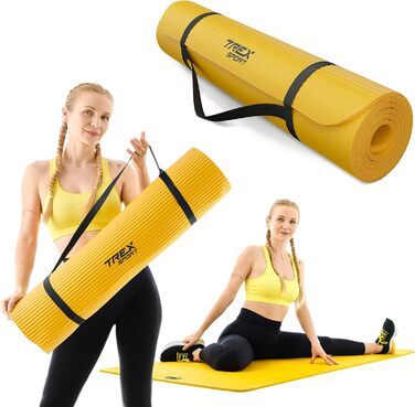 TREX SPORT Килимок для гімнастики та фітнесу, 190x80x1 см, жовтий | Килимок для йоги з неслизьким покриттям та ручкою для перенесення