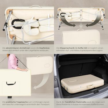 Масажний стіл Tectake 3 зони, складаний, з регулюванням висоти, з аксесуарами (підголовник, підлокітники, сумка) - бежевий