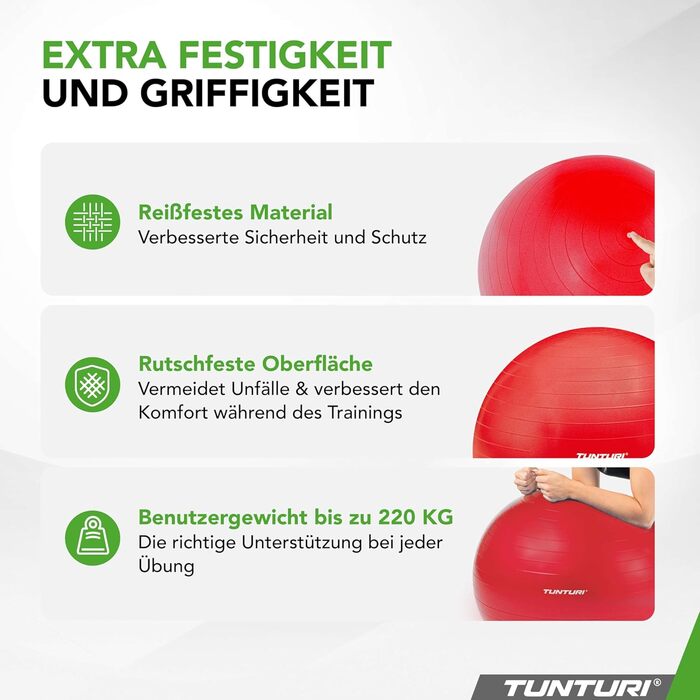 Фітнес-м'яч Tunturi Anti-Burst з насосом, 65 см - для йоги, пілатесу, вагітності, 220 кг, з тренувальним додатком, червоний