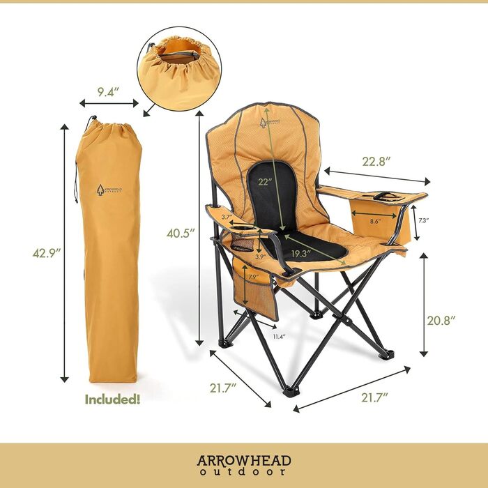 Складаний кемпінговий стілець ARROWHEAD OUTDOOR Deluxe з вбудованим охолоджувачем та підстаканником, світло-коричневий, полотно