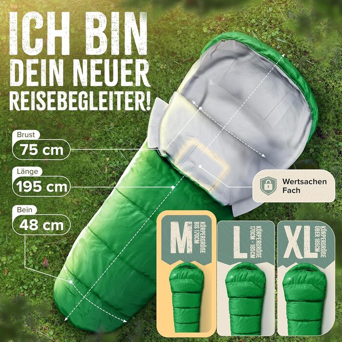 Сплячий мішок ONLYHIKE® Outdoor I [300GSM] - теплий, легкий (1700г) для весни, осені та зими [-5°C до 10°C] | Для кемпінгу, відпочинку на природі та подорожей | Розмір M-XL, Колір: Зелений