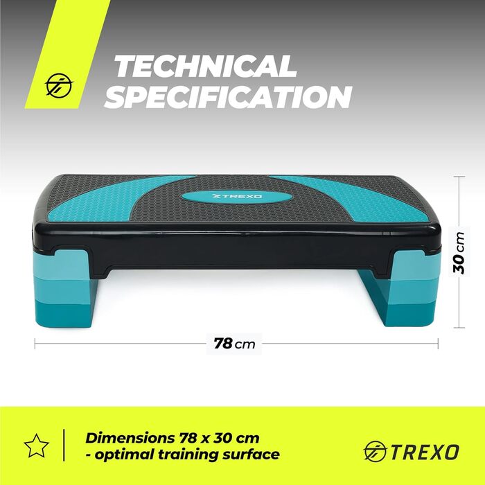 Степ-платформа TREXO для аеробіки та фітнесу, 78 x 30 см, регульована висота 10-20 см, синій