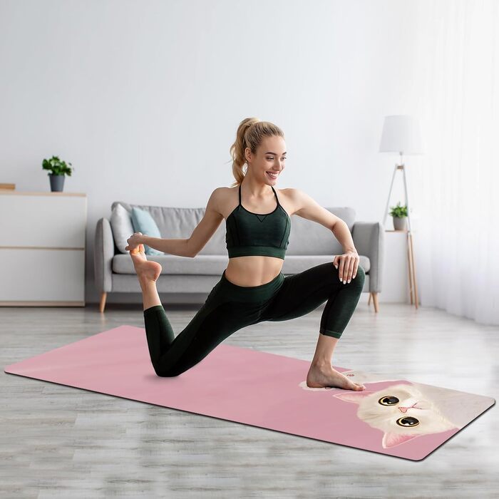 Йога мат Haquno Extra dicke 6 мм – неслизька тренувальна килимок для HIIT, Pilates та домашніх тренувань з безкоштовним ремінцем для перенесення, чорний (рожевий кіт)