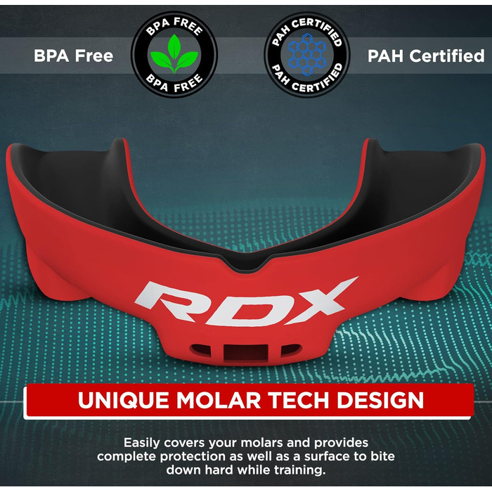 Капа для спорту RDX, захист зубів для бойових мистецтв, MMA, кікбоксинг, хокей, футбол, муай-тай, регбі. Зручна коробка для зберігання. Для дорослих (від 12 років). Червоний колір.