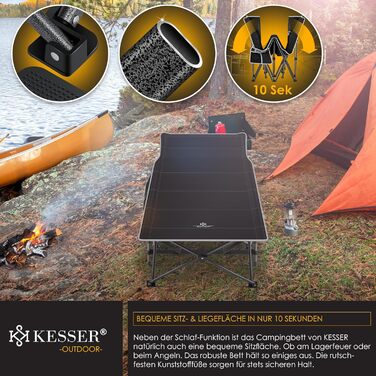 Кемпінгове ліжко KESSER®: складане, портативне, з сумкою, ліхтариком та бічною кишенею. Міцне металеве ліжко, 600D Oxford, чорне, 190 см