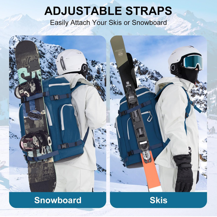 Сумка для лижних черевиків з відділенням для шолома, 65L, рюкзак для лиж, водонепроникна сумка для лиж, для лижних черевиків, ковзанів, лижних окулярів, сноуборду, лижних рукавичок, блакитна