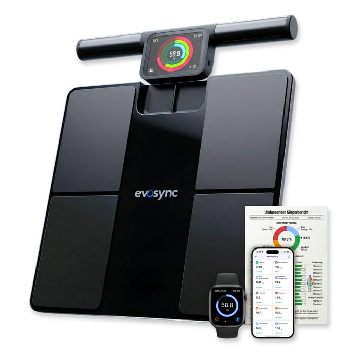 Розумні ваги для аналізу складу тіла Körperanalyse-Waage: 58 показників, 8 електродів, Bluetooth, додаток без підписки, мультикористувач, звітність