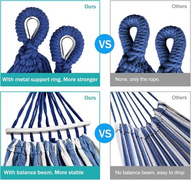 Гамак для відпочинку на відкритому повітрі: кемпінговий гамак з дерев'яною перекладиною, ременями та сумкою. Підходить для дому, балкону, тераси, саду, подорожей з рюкзаком. Колір: блакитний