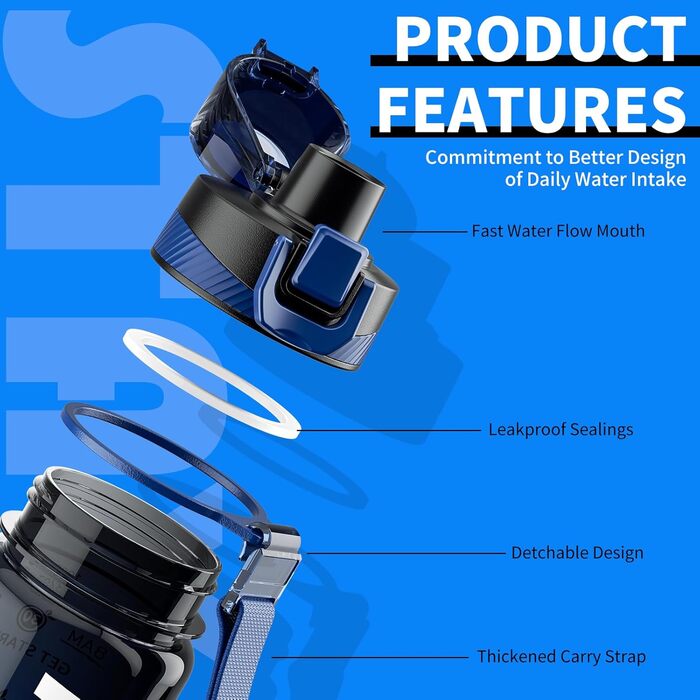 Спортивна пляшка для води 1л Tritan без BPA з маркуванням часу, 1000 мл, чорно-синя