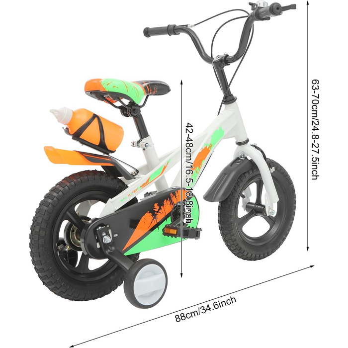 Дитячий велосипед 12 дюймів з підставками та пляшкою для води, регульований по висоті, для дітей 2-5 років, білий