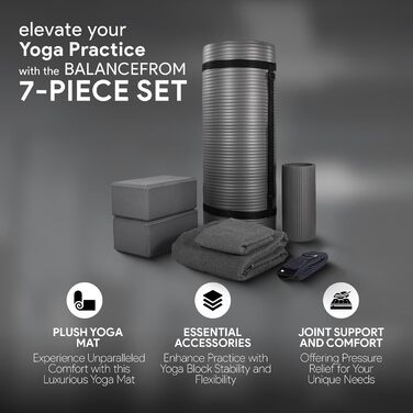 Набір для йоги BalanceFrom GoYoga 7 в 1: килимок 1/2'' з ременем, 2 блоки, рушник для килимка, рушник для рук, ремінь, наколінник, сірий