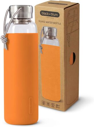 Скляна пляшка для води Black+Blum 600 мл, помаранчева, з нержавіючою кришкою, силіконовим чохлом, BPA-free, герметична