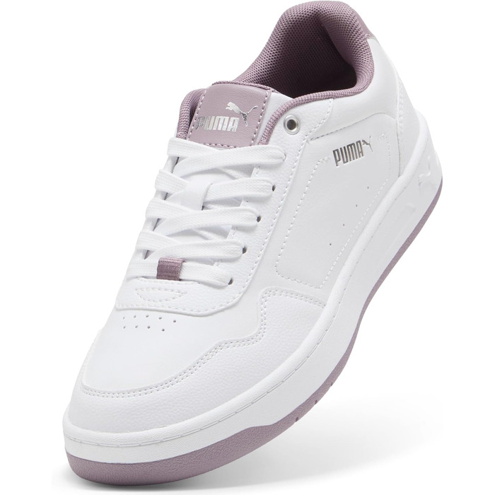 Жіночі кросівки PUMA Court Classy Basic — білі зі сріблястими та сливовими деталями, розмір 39 EU