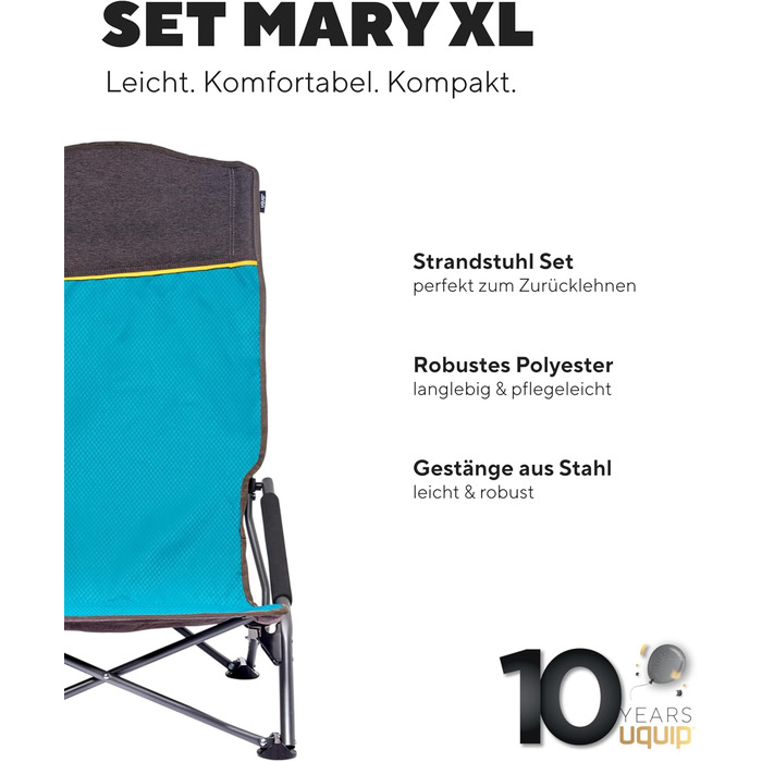 Набір складаних кемпінгових стільців Uquip Mary (2 шт.) кольір петроль, посилена сталь та поліестер, витримують до 120 кг, для пляжу, рибалки, саду та фестивалів, розмір XL