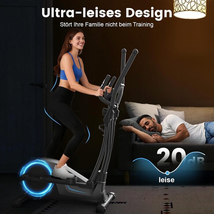 Еліпсоїдний тренажер для дому, ультратихий магнітний тренажер з 16 рівнями опору, 8 кг маховик, 42 см довжина кроку, LCD-монітор, датчик пульсу, максимальна вага користувача 150 кг, чорний колір, LCD монітор (Classic)