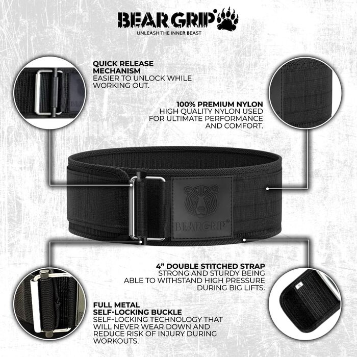 Пояс для важкої атлетики BEAR GRIP, самозамикаючий, преміум, для кросфіту, пауерліфтингу та бодібілдингу, унісекс