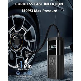 SERVOMASTER Електрична повітряна помпа з манометром, портативний міні-компресор, акумулятор 150PSI, LED-підсвічування, для авто, мотоцикла, велосипеда, м'ячів (чорний, сірий, бездротовий)