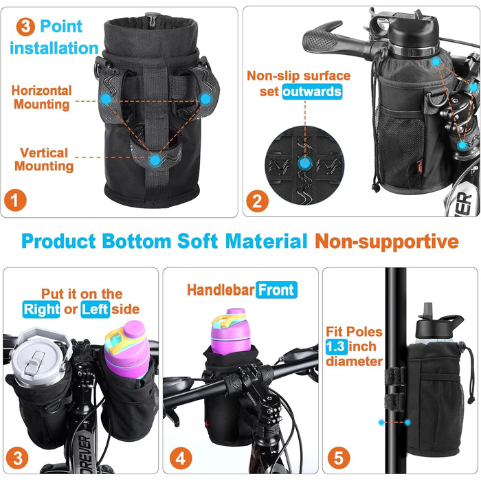 Фляготримач для велосипеда Design Wish 24-40oz без гвинтів, з сітчастою кишенею та ременем, 1180 мл, чорний лайкра