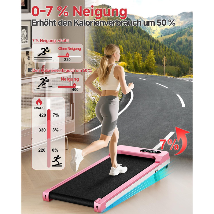 Біговий килимок Dskeuzeew з нахилом - бігові доріжки для дому, офісу, регульований нахил, електричний, портативний, Walkpad з LCD-дисплеєм, рожевий