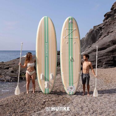 Надувний SUP-борд HUIIKE Stand Up Paddle Board з аксесуарами: весло, фіни, насос. Стабільний та міцний, 305 × 84 × 15 см, до 130 кг (Paulownia Mint - Full Pack)