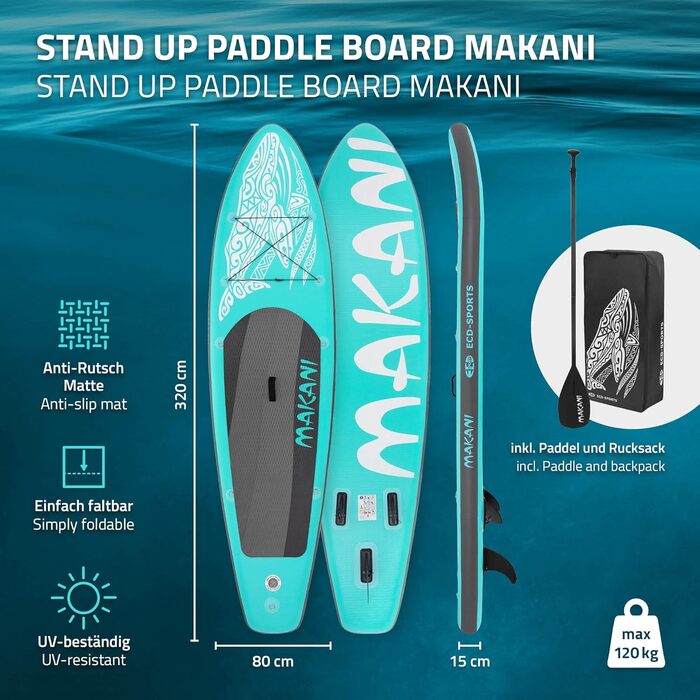Надувна SUP-дошка ECD Germany Makani 305–380 см, PVC, до 150 кг, товщина 10/15 см, з сидінням для каяка, комплект сумка, весло, зелена