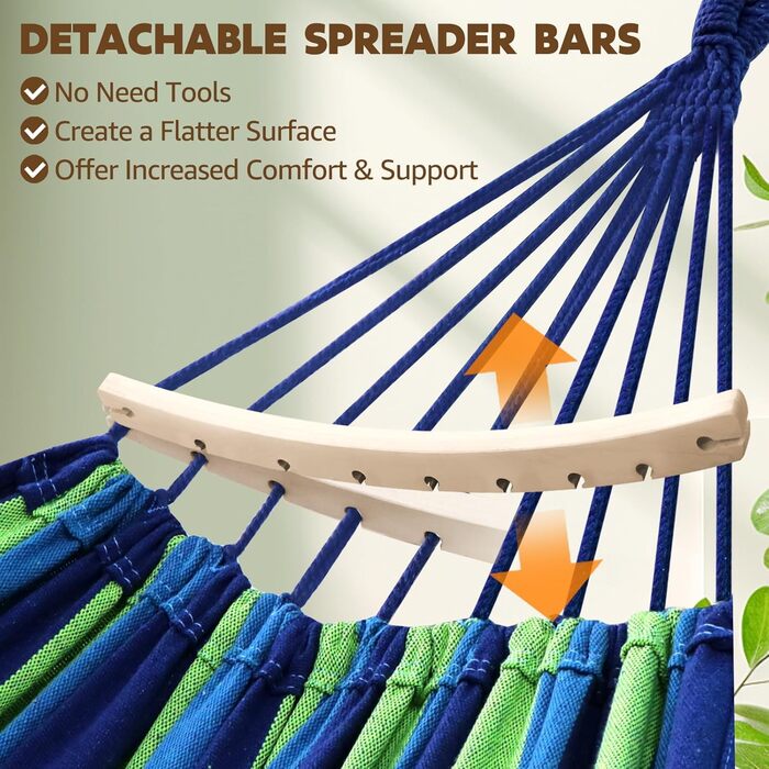 Гніозда-гамак з бавовни Chihee: великий, м'який, дихаючий, для кемпінгу. Максимальне навантаження 300 кг. Знімний підголівник, 2 міцні ремені, карабіни. Розмір 270x150 см. Кольори: блакитний/зелений в смужку